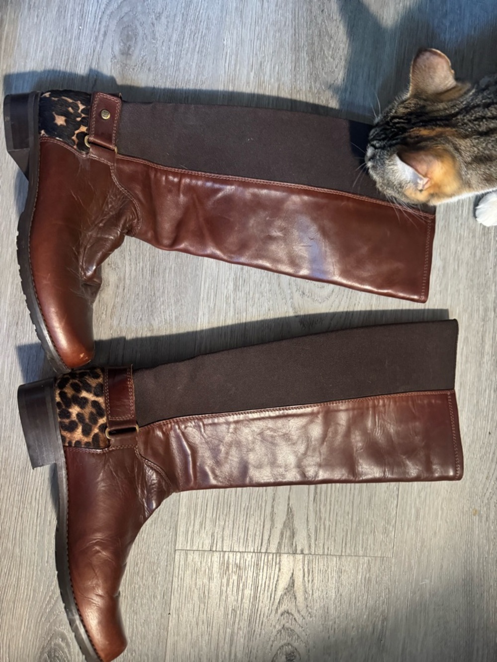 Stuart Weitzman Brown Leather Over-the-Knee Boots with Leopard Accent
